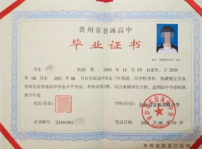 雁塔金沙县实验高级中学高中毕业证样本